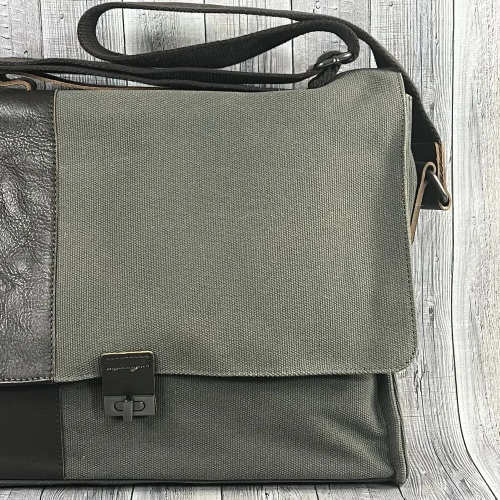 Pottery Barn Messenger Laptop Bag Bradley Leather & Canvas Taupe & Olive Bag